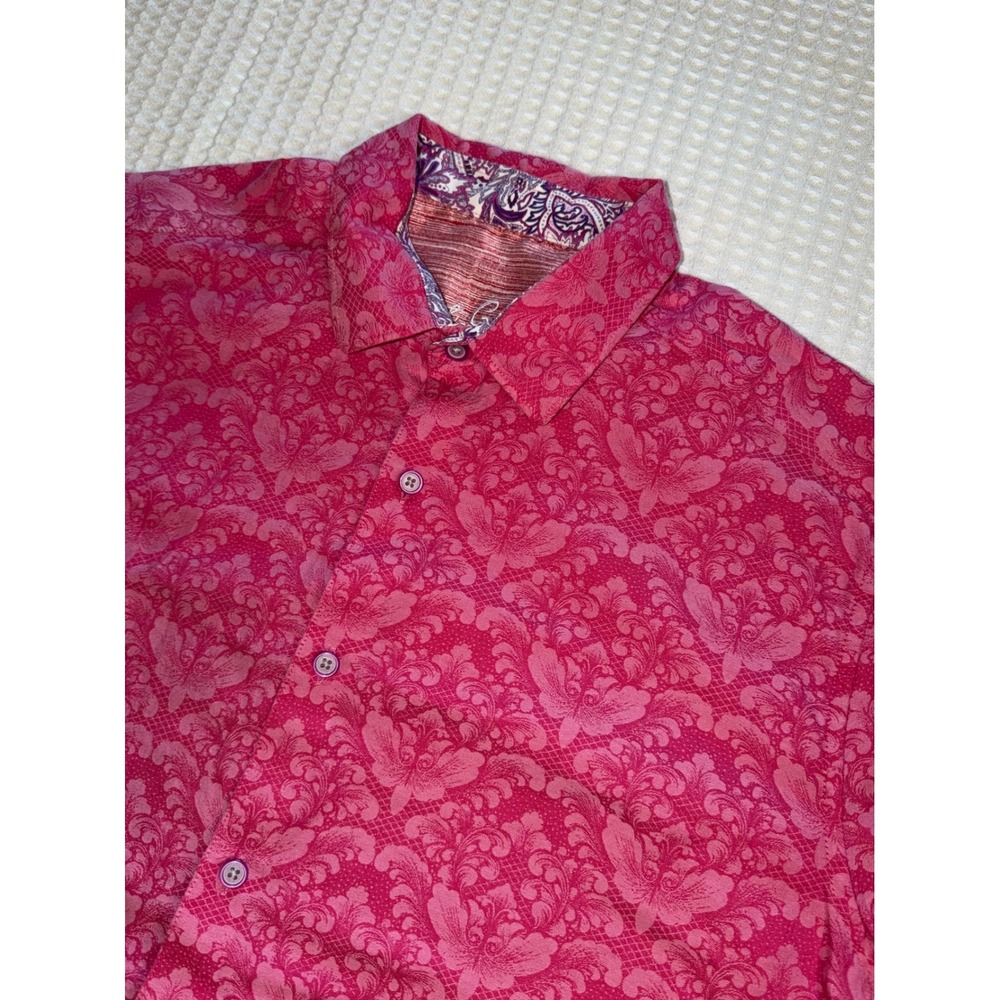 Robert Graham Button Down Shirt Mens Large Pink Damask Floral Short Sleeve